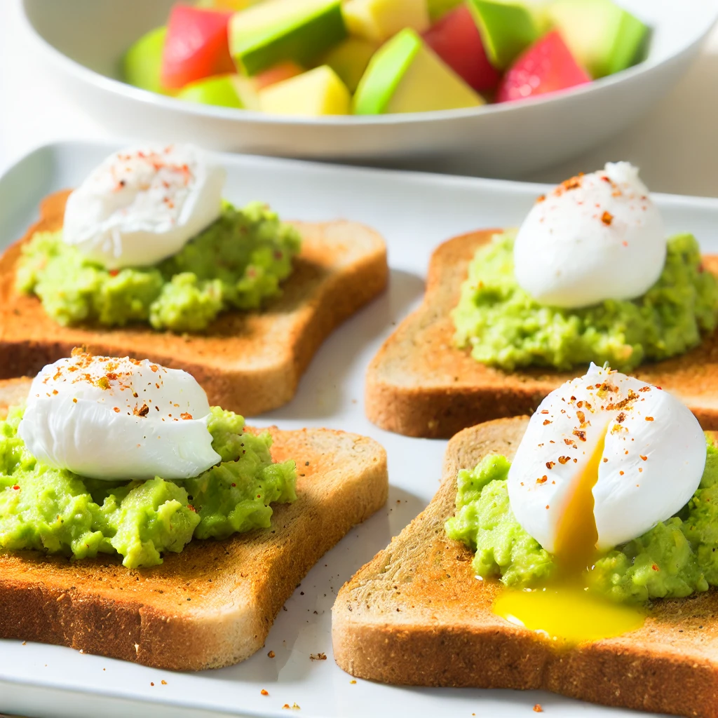 a plate of toast with guacamole and poached egg