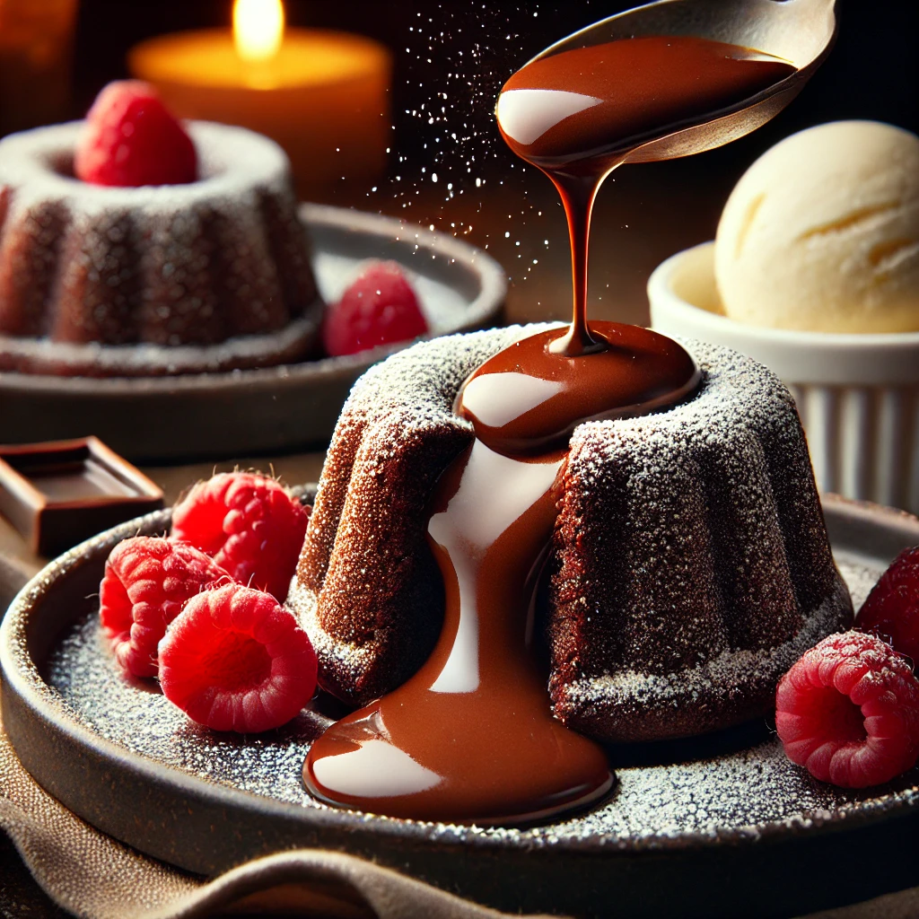 a chocolate dessert with raspberries and chocolate sauce