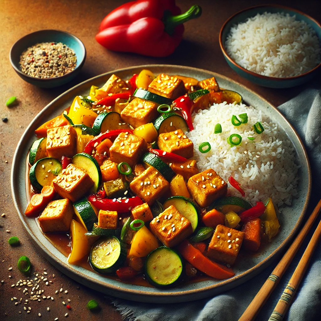 A dish featuring tofu, rice, and assorted vegetables