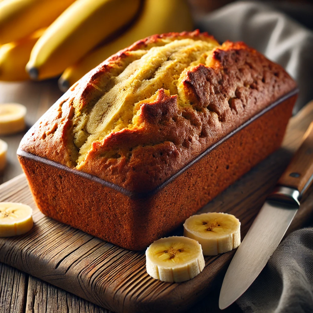 a loaf of bread with sliced bananas on a cutting board