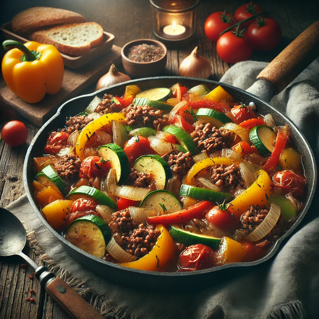 A skillet with ground beef placed on a table