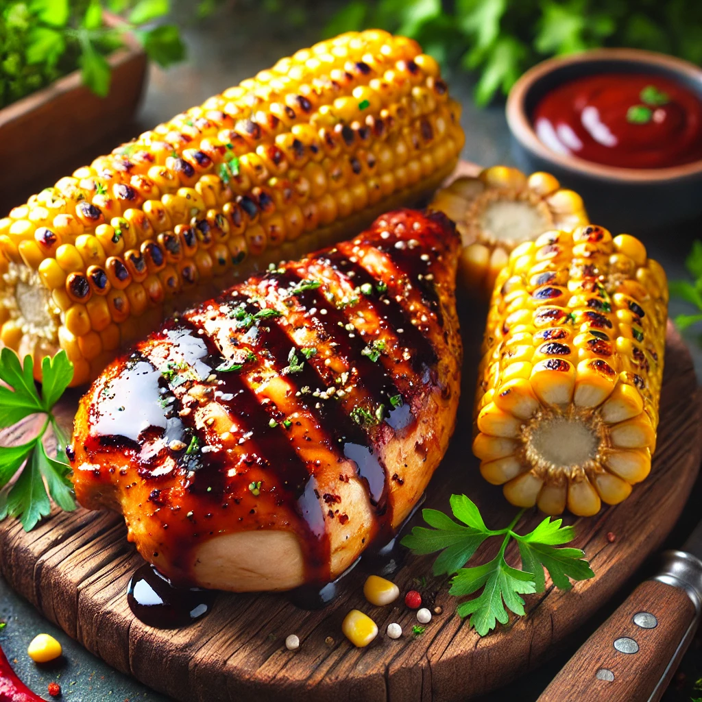 a plate of food on a wooden surface
Grilled BBQ Chicken with Corn on the Cob