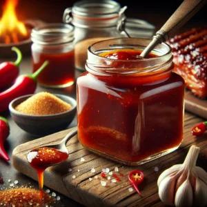 a jar of barbecue sauce with a spoon on a cutting board