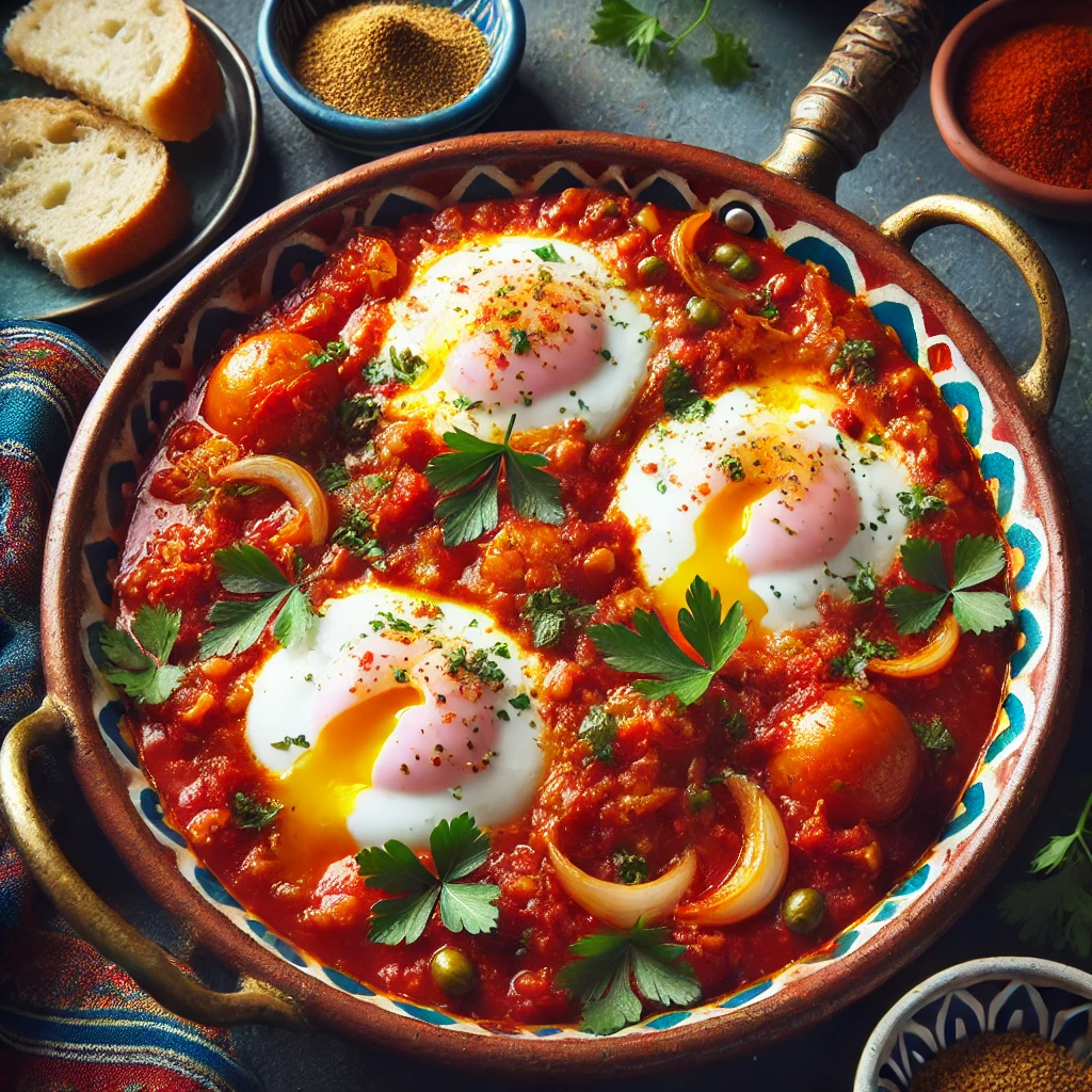 A dish featuring eggs, sauce, tomatoes, and various spices