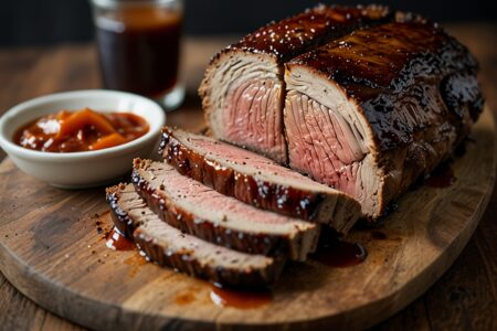 a sliced meat on a wooden board