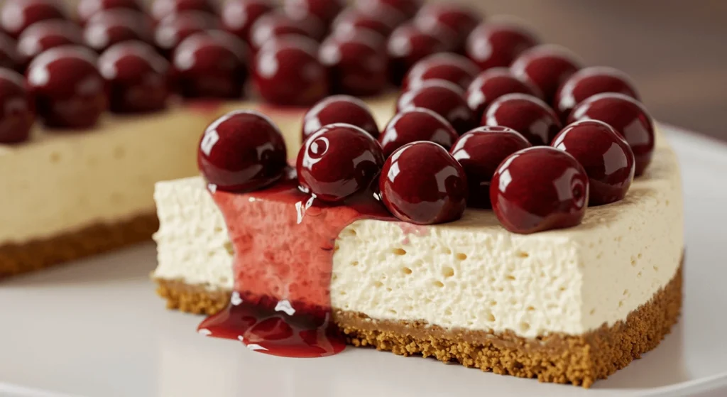 A creamy cheesecake with a golden graham cracker crust, topped with glossy fresh cherries and drizzling cherry sauce, elegantly presented on a white plate.