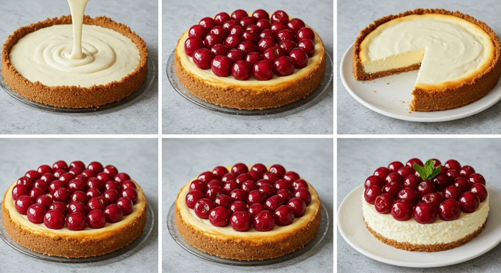 A step-by-step visual guide showing the process of making a cherry cheesecake, including pouring the filling, baking, adding fresh cherries, and final presentation with a mint garnish.