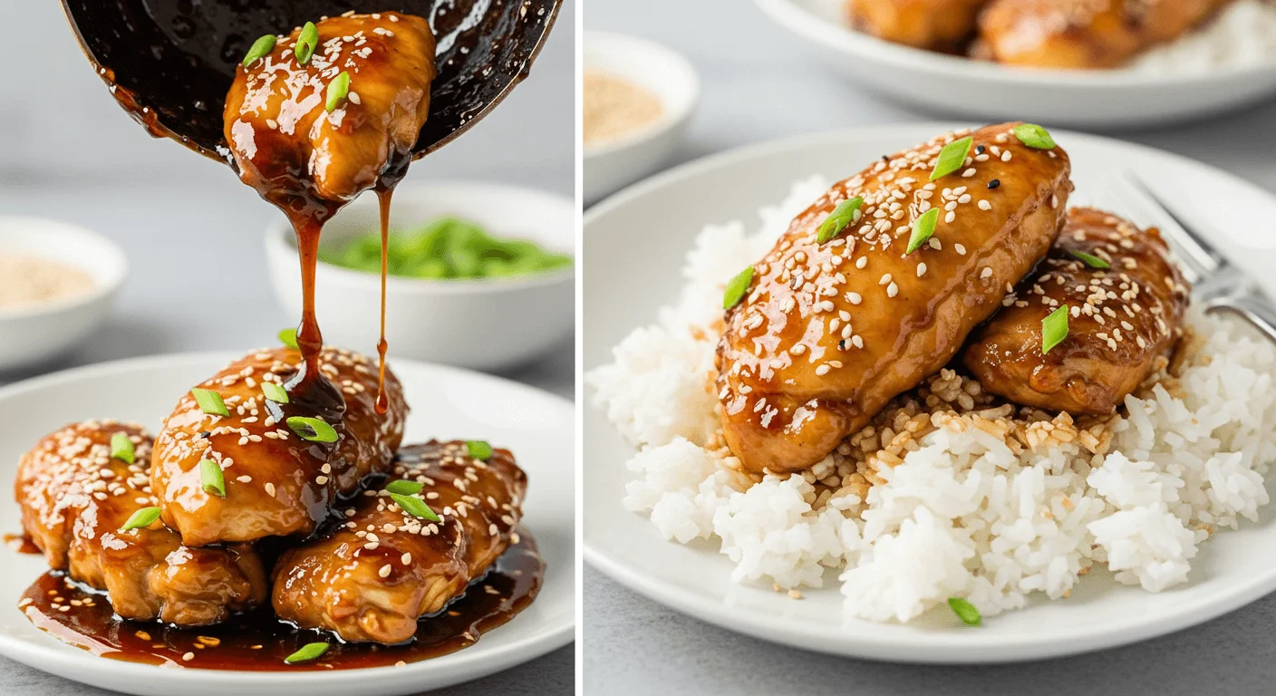 Soy Glazed Chicken served on a bed of steamed white rice, garnished with sesame seeds and green onions.