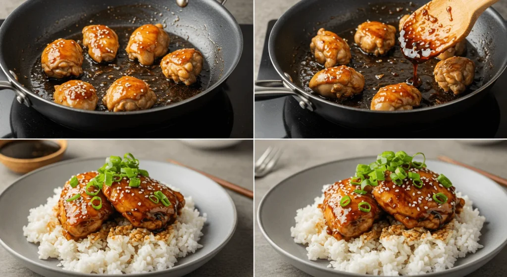 Soy Glazed Chicken Recipe Over Rice showing chicken pieces sizzling in a skillet, coated with a sticky soy glaze being poured over them for a rich, flavorful finish.