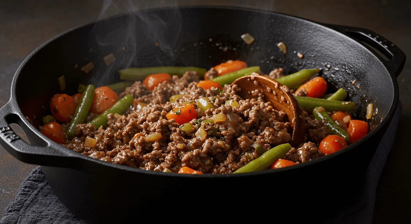 Easy Ground Beef Recipe – One-Pot Beef and Vegetables simmering in a cast iron skillet with green beans, carrots, and rich sauce.