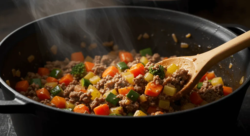 Easy Ground Beef Recipe – One-Pot Beef and Vegetables being stirred with a wooden spoon, highlighting bright carrots, zucchini, broccoli, and bell peppers.