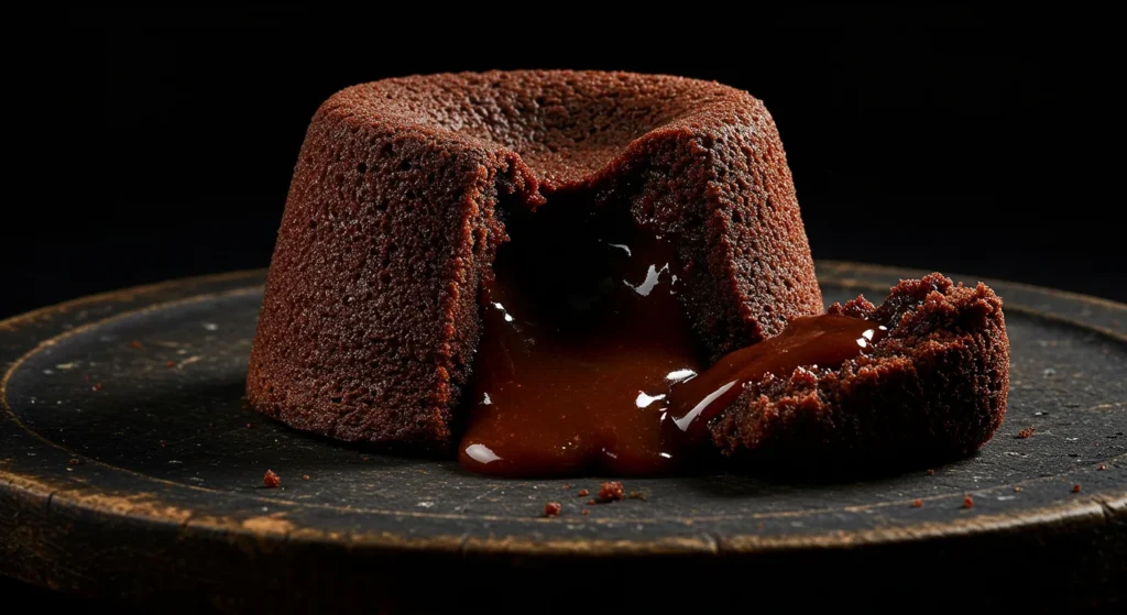 Chocolate Lava Cake with a gooey molten chocolate center oozing out, served on a rustic dark plate.