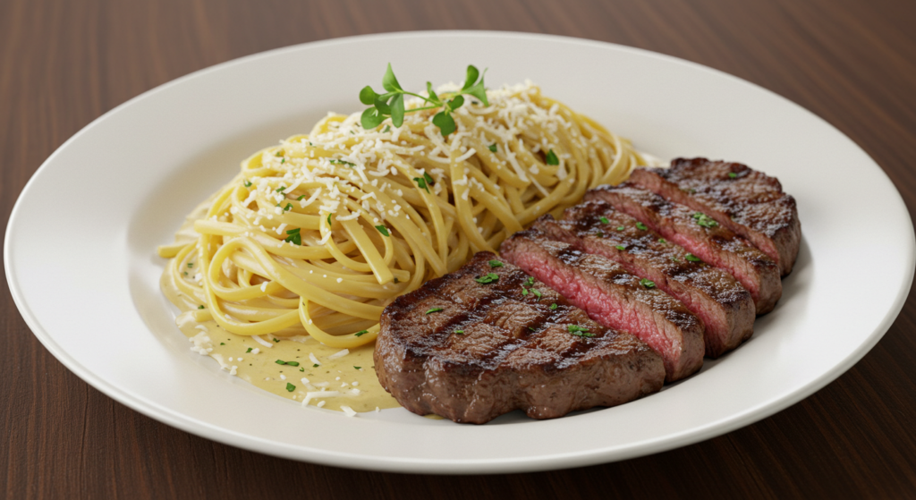 A delicious plate of steak and pasta, featuring a perfectly cooked steak sliced into juicy pieces, served alongside creamy pasta garnished with fresh herbs, presented on an elegant plate