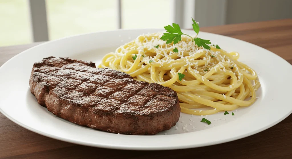 Perfectly Grilled Steak with Creamy Pasta Garnished with Fresh Parsley and Parmesan