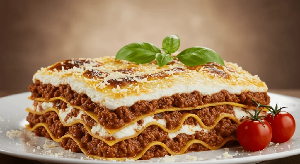 A plate of lasagna with rich layers of pasta, creamy cheese, and savory meat sauce, topped with melted mozzarella and garnished with fresh basil