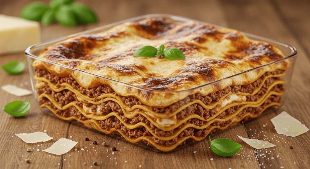 A freshly baked lasagna in a glass baking dish, featuring golden melted cheese on top, rich layers of seasoned meat sauce, and pasta sheets, garnished with fresh basil leaves