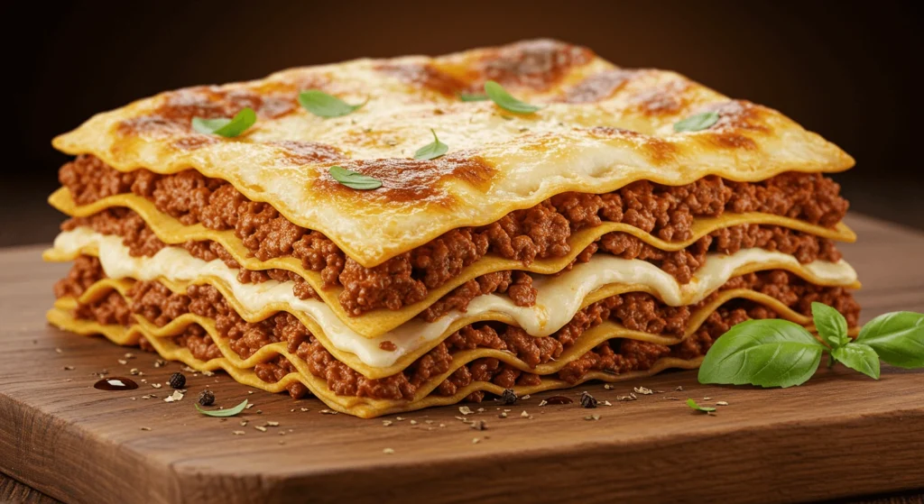 A beautifully layered lasagna with rich, savory meat sauce, creamy cheese layers, and golden baked pasta sheets, garnished with fresh basil leaves, presented on a wooden surface.