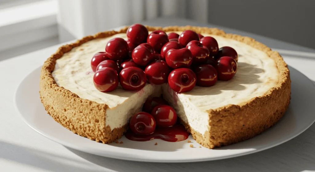 A rich and creamy cheesecake with a golden graham cracker crust, topped with glossy fresh cherries and cherry sauce, elegantly served on a white plate.